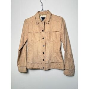 Paisley Print Leather Jacket Studded Women Size 6 Beige Button Up C Concept Y2K